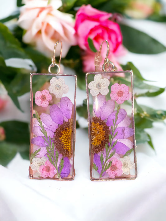 Purple Daisy with Pink and White Plum Blossoms Earrings
