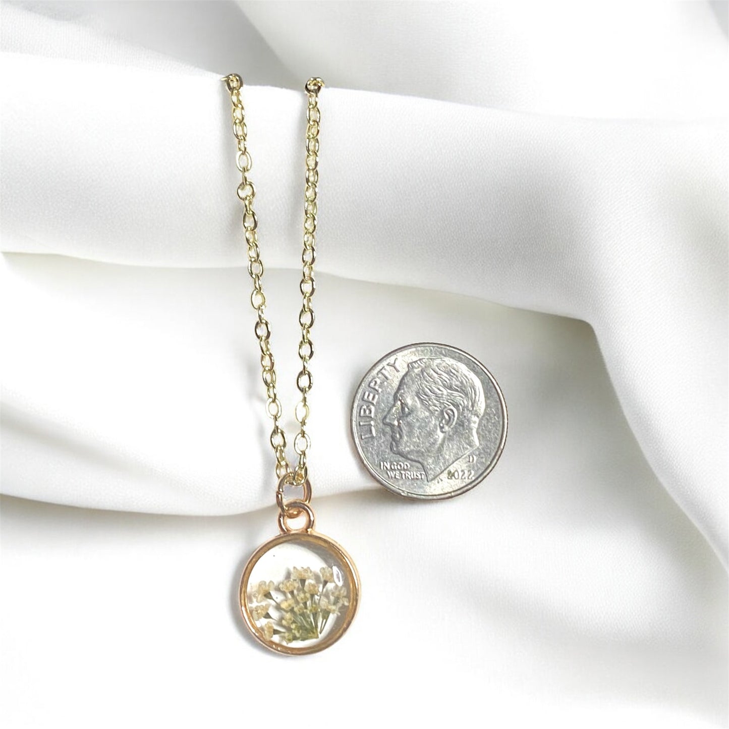 Dainty Rose Gold Bezel with Queen Anne’s Lace on a Brass Chain