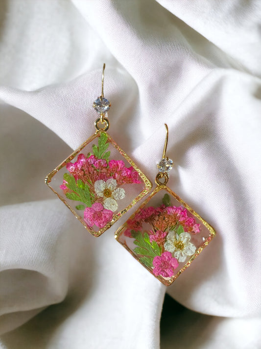Pink and White Plum Blossom Flowers with Dry Pressed Fern Earrings