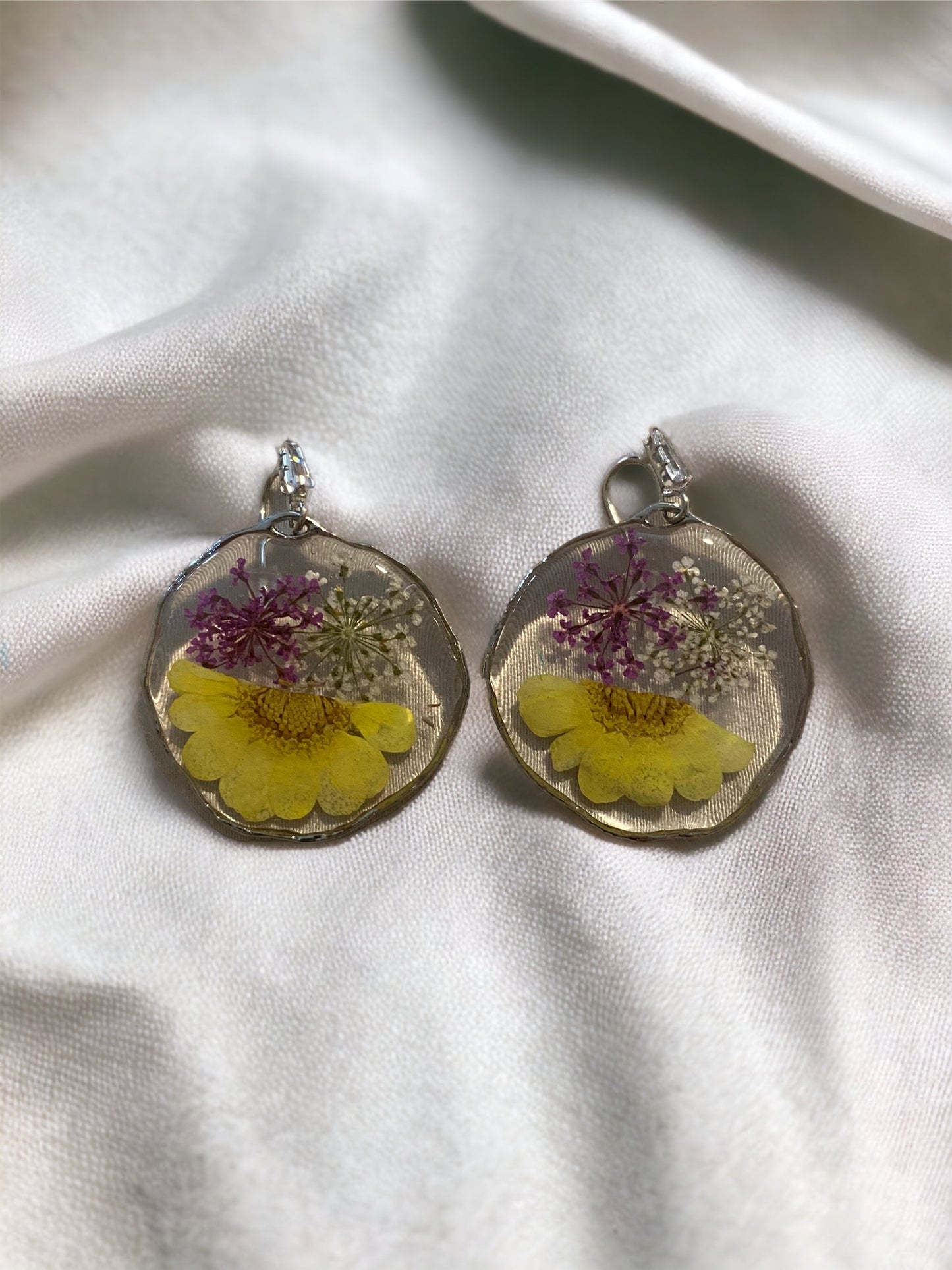 Yellow Daisy with Purple and White Queen Anne’s Lace Earrings