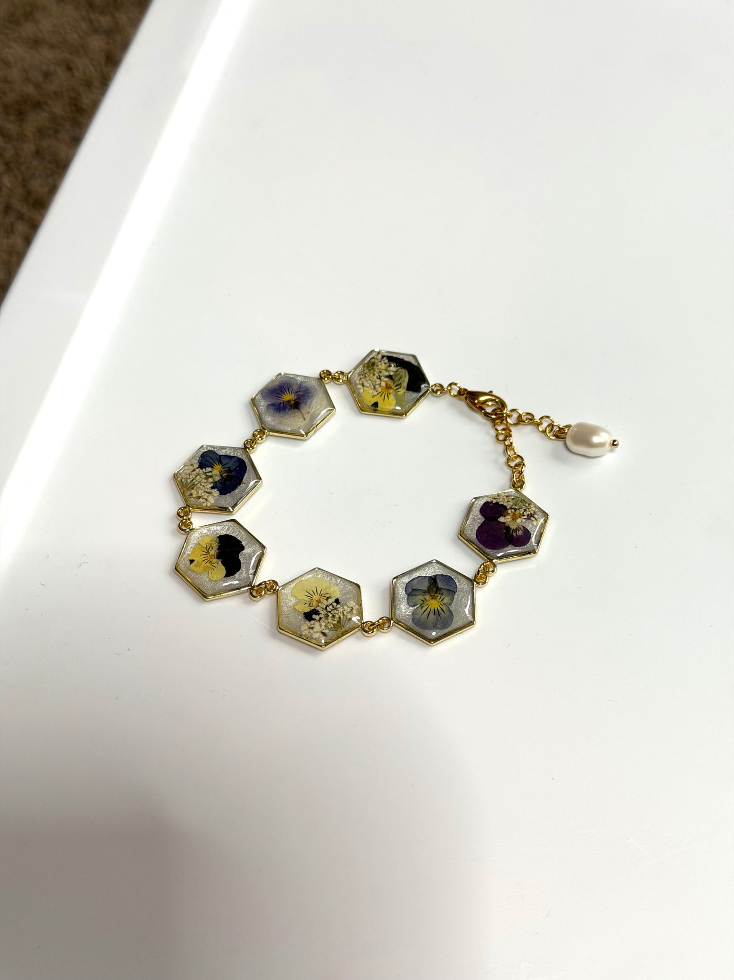 Gold Colored Bracelet with Opal Colored Mica Powder, Mini Pansies with Queen Anne’s Lace
