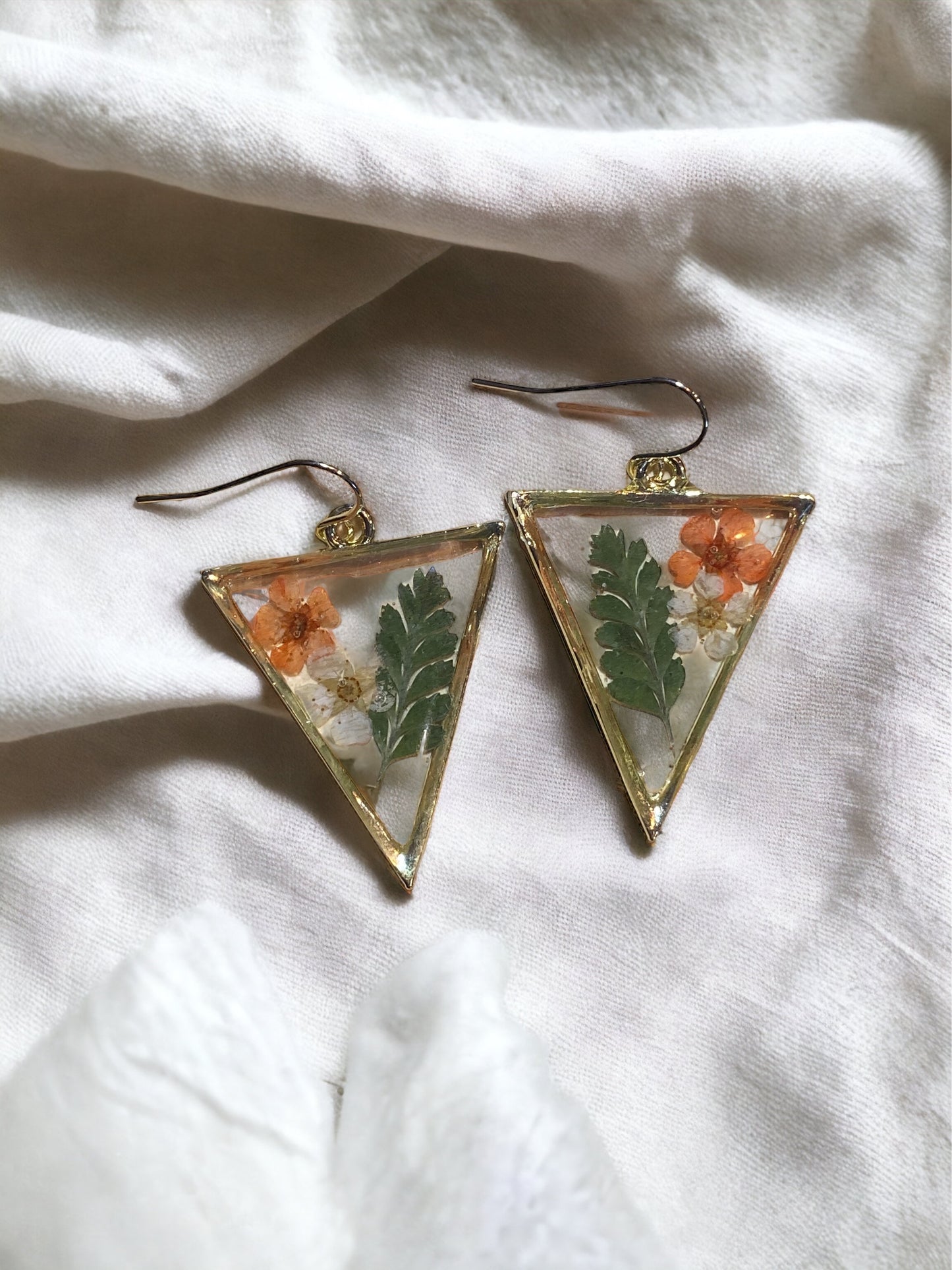 Orange and White Plum Blossoms with  dried Fern Earrings