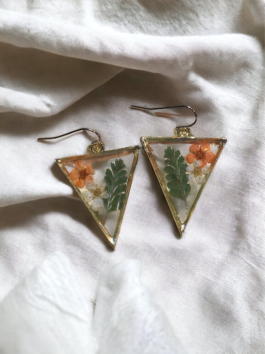 Orange and White Plum Blossoms with  dried Fern Earrings