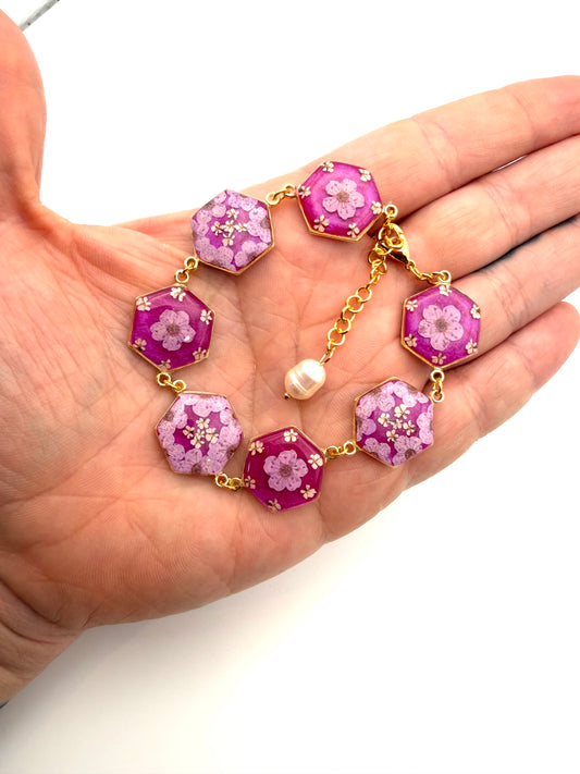 Gold Colored Bracelet with Wisteria Pink Colored Mica Powder, Light Purple Plum Blossoms and Queen Anne’s Lace