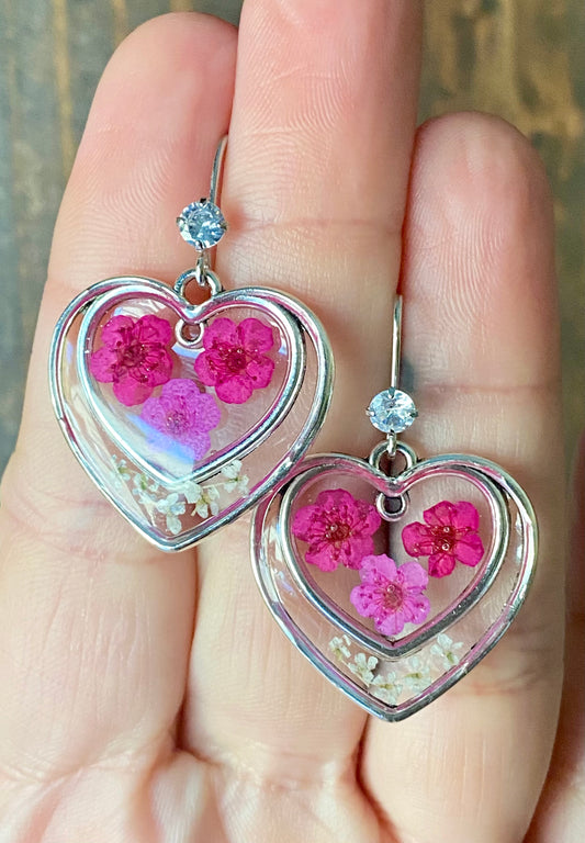 Hot Pink and Light Pink Plum Blossom Flower Heart Earrings