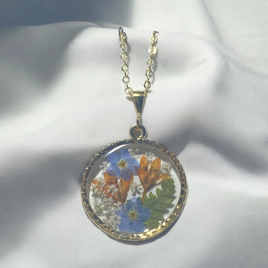 Orange Flowers, with Blue Forget-Me-Nots, Fern and Queen Anne’s Lace