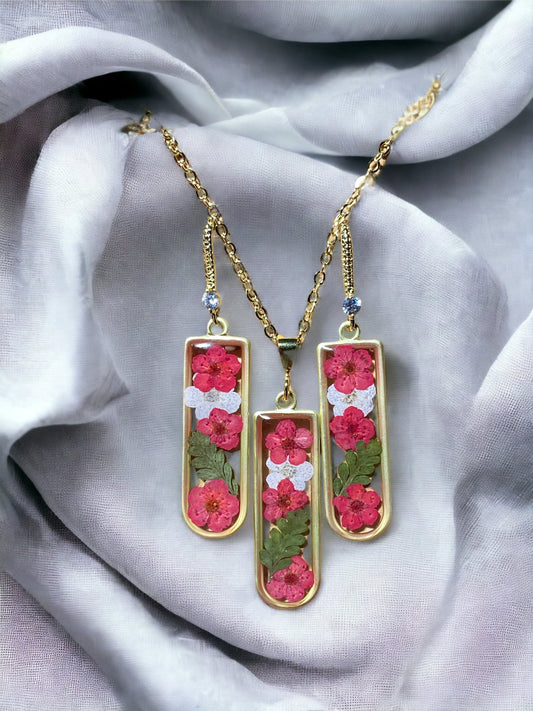Red and White Plum Blossom Flower with Dried Fern matching Earrings and Necklace