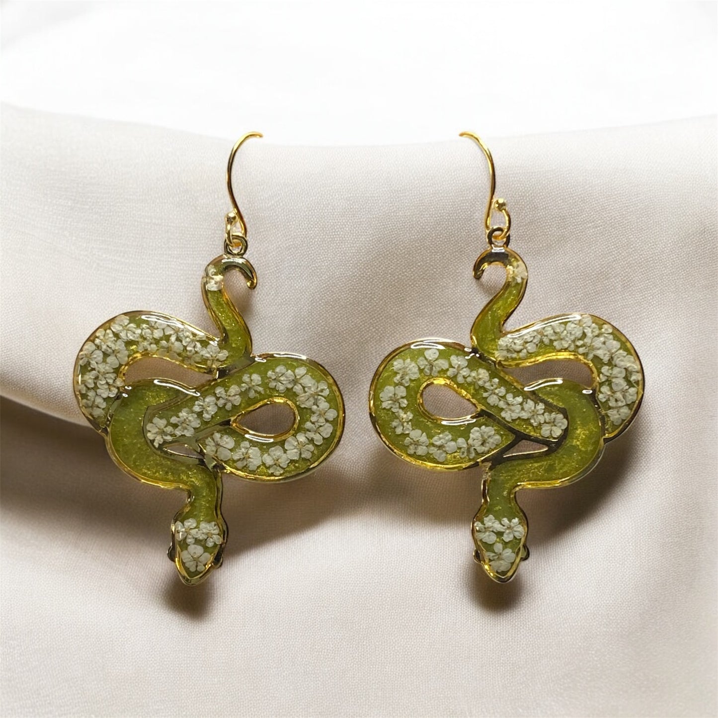 Green 24 kt Gold Plated Snake Bezel Earrings