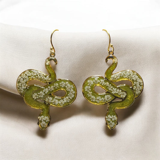 Green 24 kt Gold Plated Snake Bezel Earrings