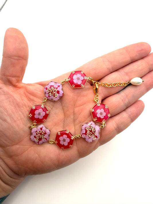 Gold Colored Bracelet with Hot Pink Colored Mica Powder, Light Purple Plum Blossoms and Queen Anne’s Lace