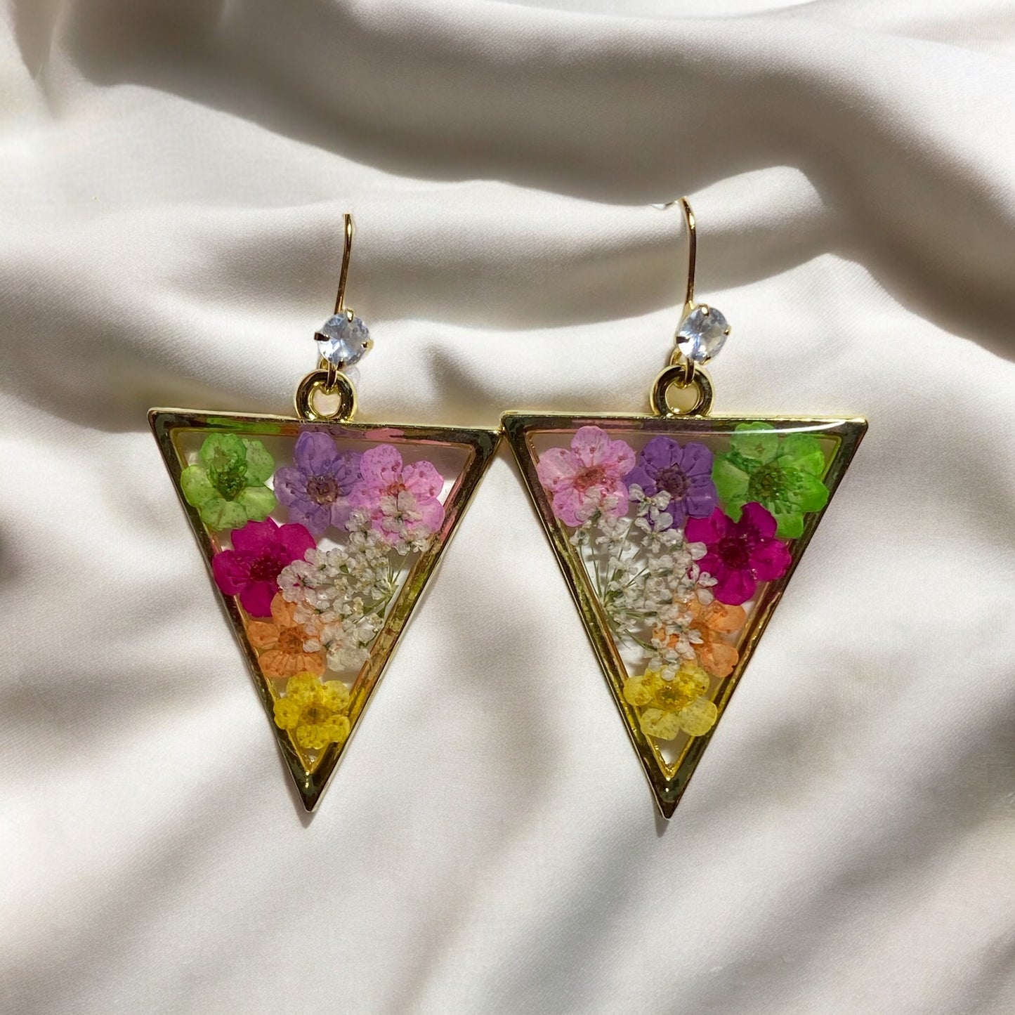 Light Pink, Purple, Green, Hot Pink, Orange and Yellow Plum Blossom Flowers with Queen Anne’s Lace Earrings