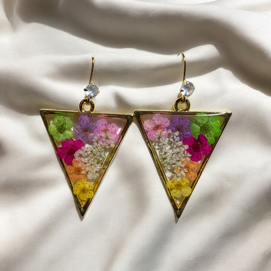 Light Pink, Purple, Green, Hot Pink, Orange and Yellow Plum Blossom Flowers with Queen Anne’s Lace Earrings