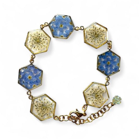 Gold Colored Bracelet with Blue Forget-Me-Nots and Queen Anne’s Lace