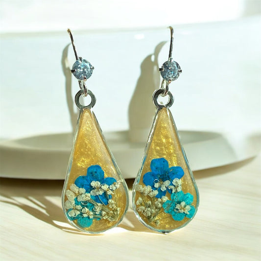 Gold Colored Mica Powder, Light and Dark Blue Plum Blossoms, with Queen Anne’s Lace