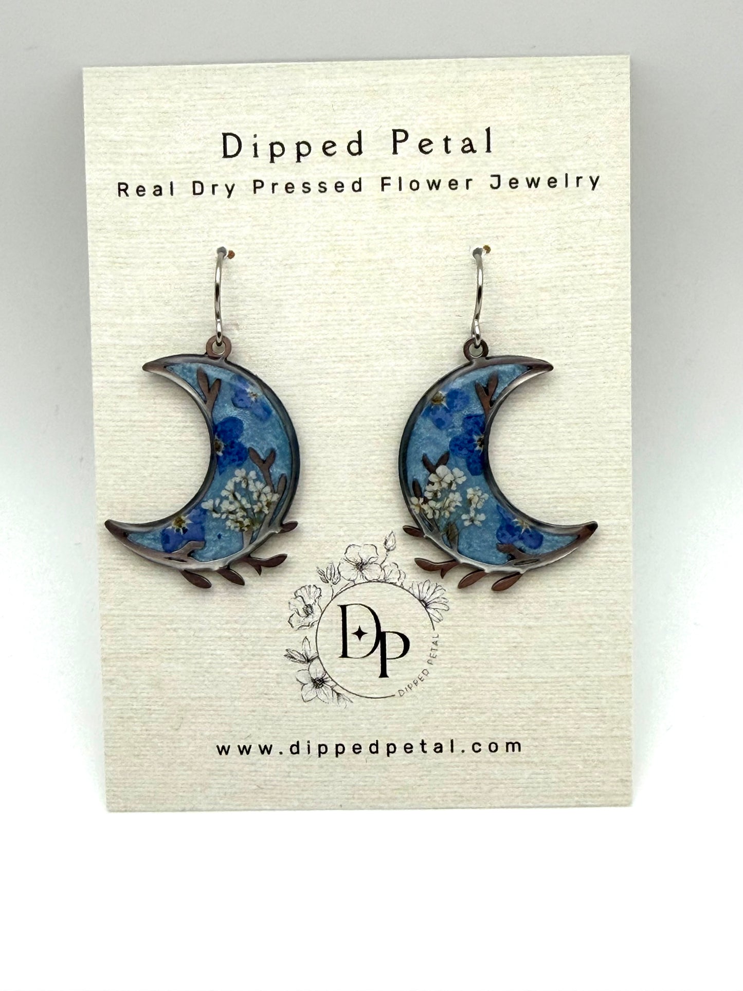 Ice Blue Crescent Moons with Forget-Me-Nots and Queen Anne’s Lace