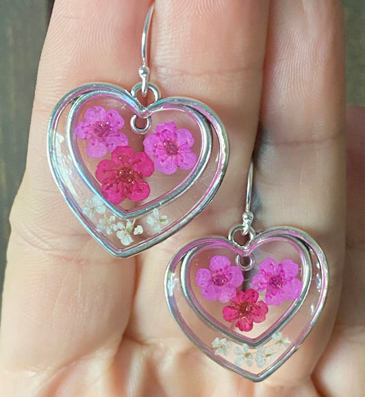Hot and Light Pink Plum Blossom Flower Heart Earrings
