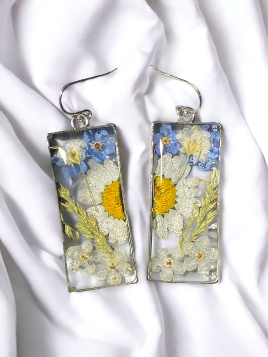 Yellow Daisy with Blue and White Forget-Me-Not Flowers, and Dry Pressed Leaves on Sterling Silver Hooks