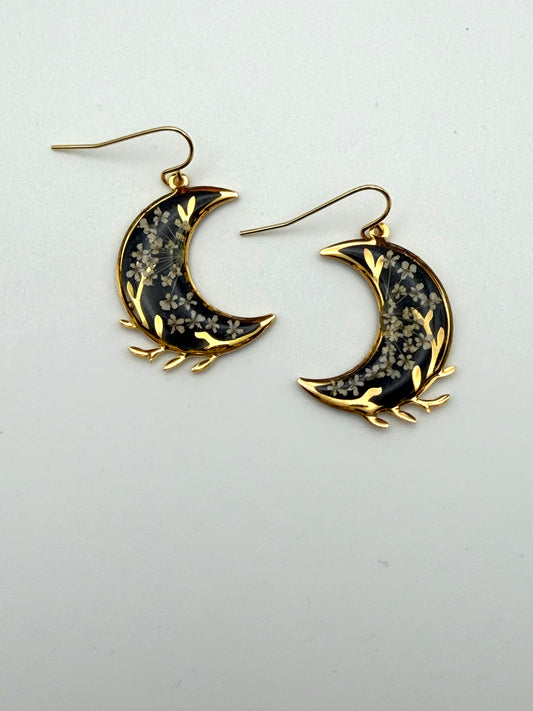 Gold Plated Crescent Moons filled with Black Mica Powder and Queen Anne’s Lace