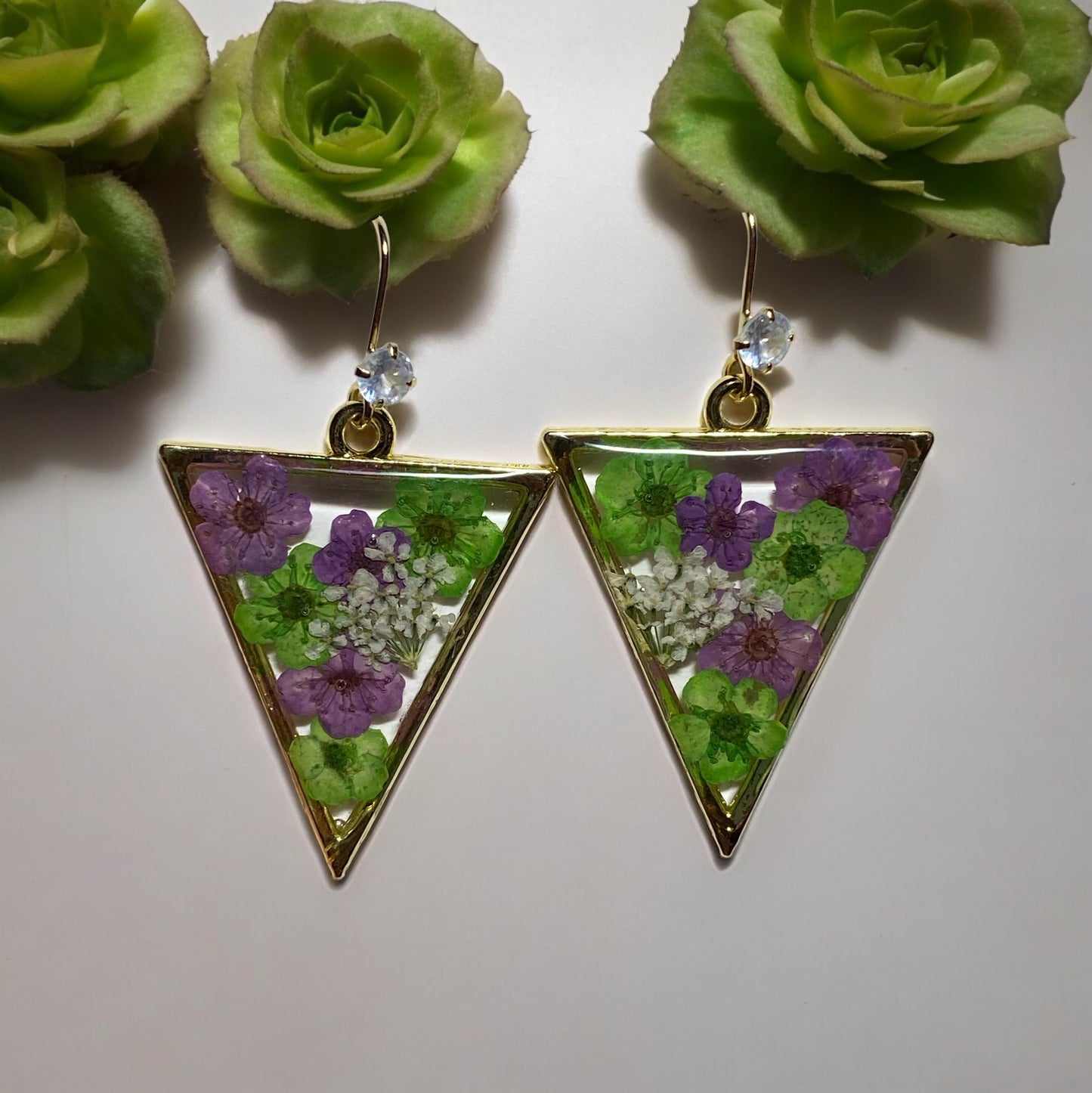 Green and Purple Plum Blossom Flowers with Queen Anne’s Lace Earrings