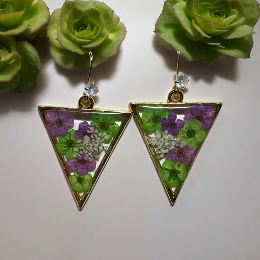 Green and Purple Plum Blossom Flowers with Queen Anne’s Lace Earrings