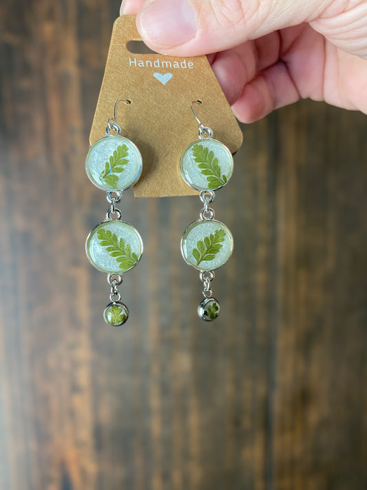 Opal White Mica Powder Dangle Earrings with Dry Pressed Fern