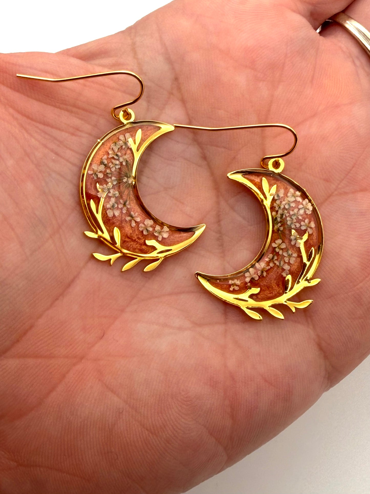 Gold Plated Crescent Moons filled with Coral Pink Mica Powder and Queen Anne’s Lace