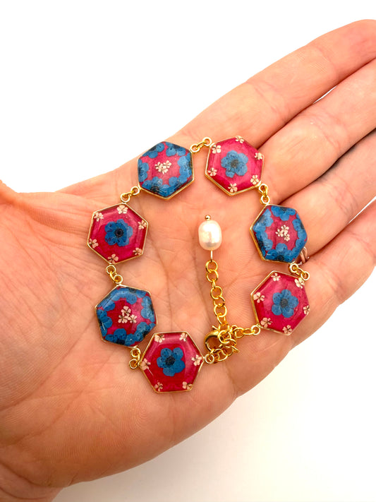 Gold Colored Bracelet with Hot Pink Colored Mica Powder, Blue Plum Blossoms and Queen Anne’s Lace