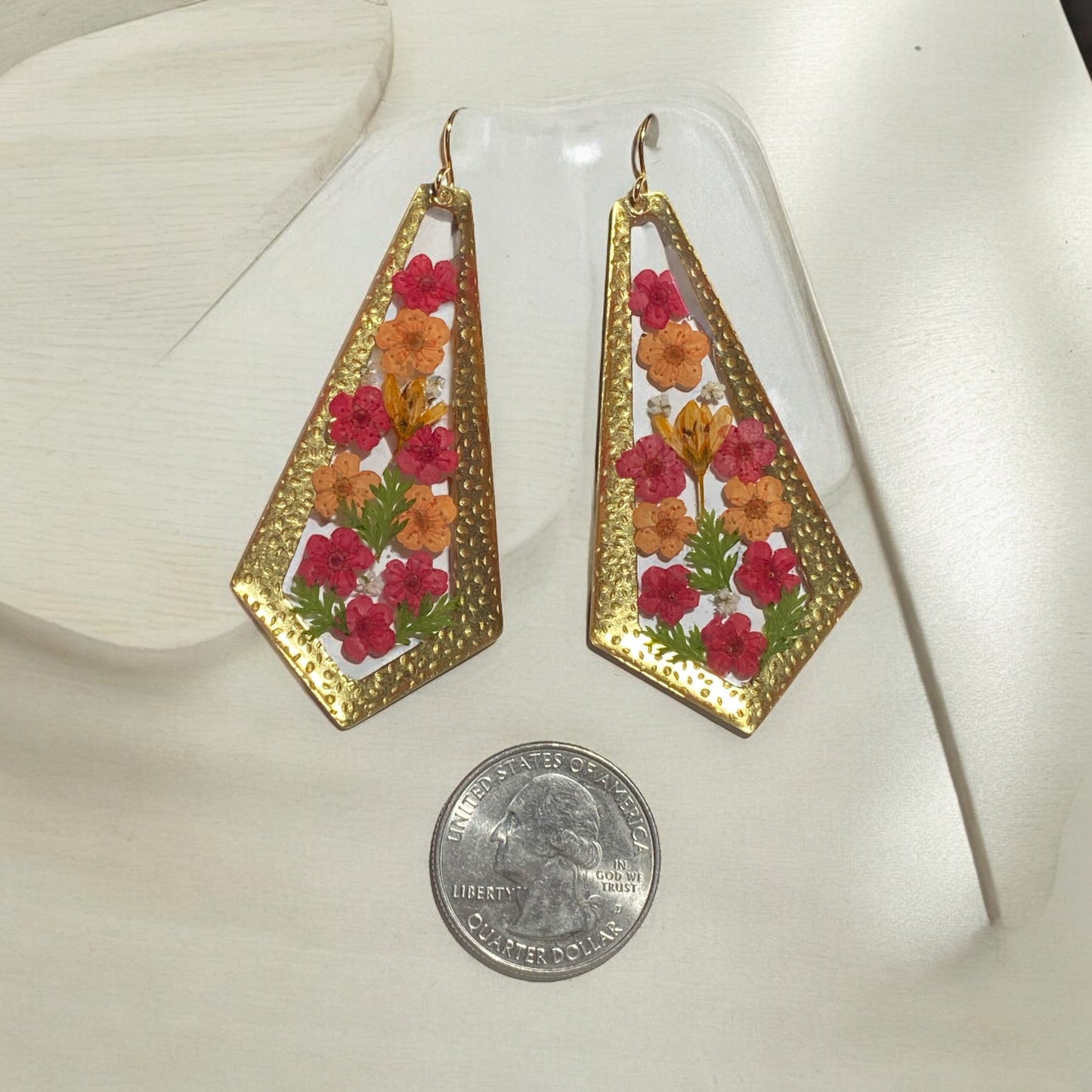 Red and Orange Plum Blossoms with pieces of Dry Pressed Fern and Orange Wild Flower