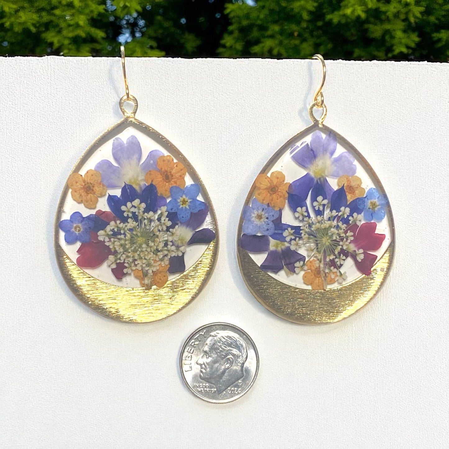 Orange Plum Blossoms, Blue Forget-Me-Nots, Blue Fairy Fan and Mixed Verbena with Queen Anne’s Lace