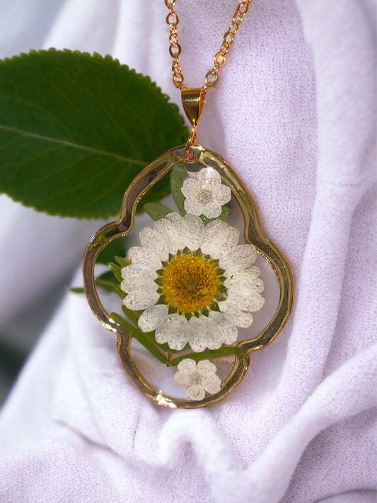 White Plum Blossom flowers with Dry Pressed Leaves and Daisy Necklace
