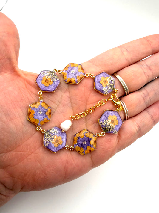 Gold Colored Bracelet with Blue Colored Mica Powder, Orange Plum Blossoms and Queen Anne’s Lace