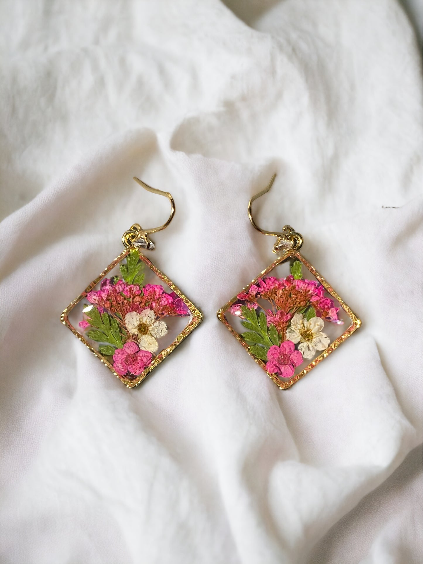 Pink and White Plum Blossom Flowers with Dry Pressed Fern Earrings