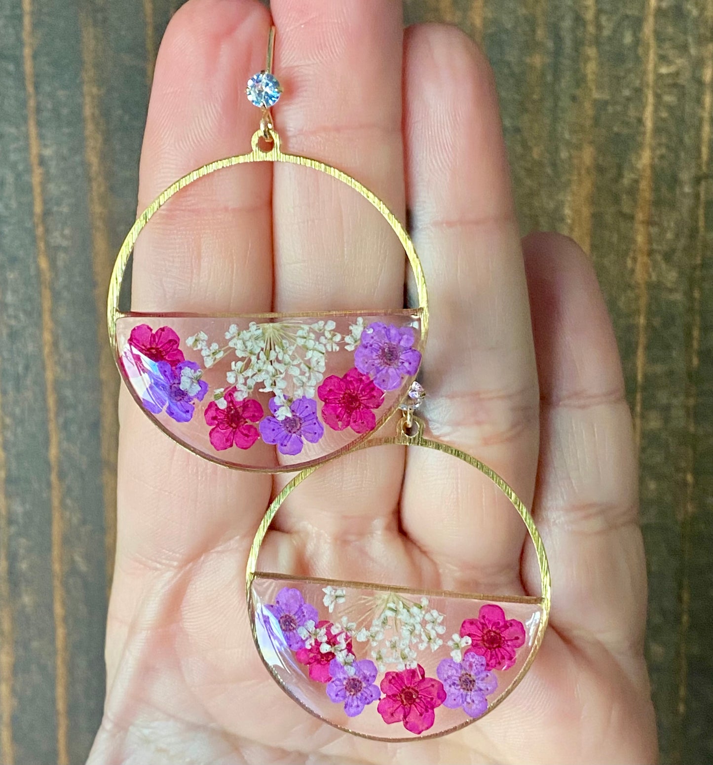 Hot Pink, and Purple Plum Blossom Flowers with White Queen Anne’s Lace Earrings