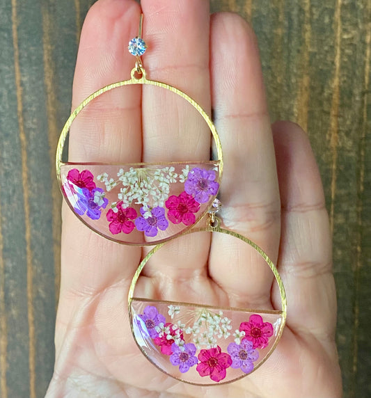 Hot Pink, and Purple Plum Blossom Flowers with White Queen Anne’s Lace Earrings