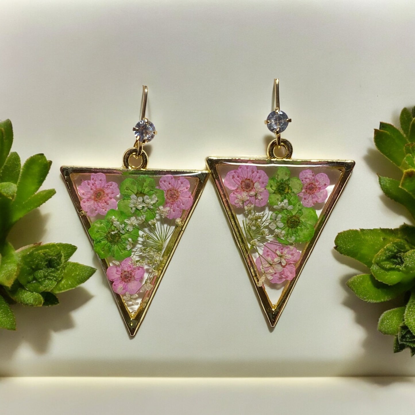 Light Pink and Green Plum Blossom Flowers with Queen Anne’s Lace Earrings