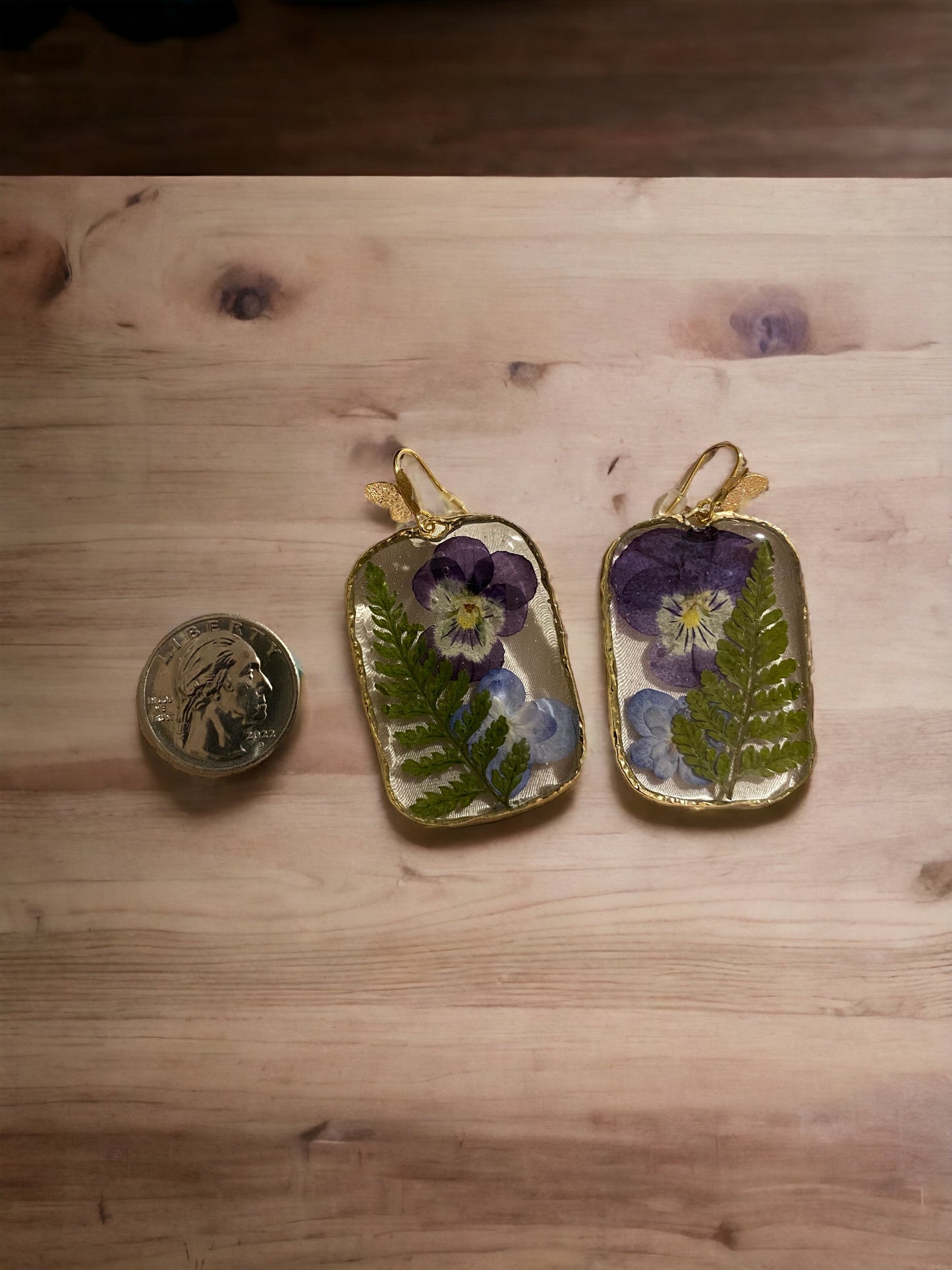 Purple Pansy and Blue Double Petal Hydrangea Earrings