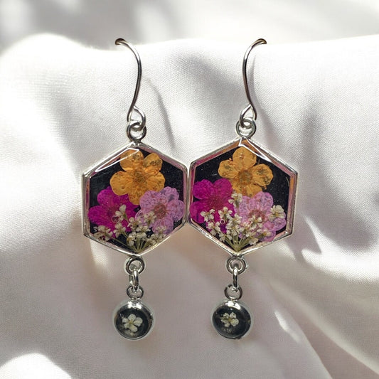 Black Mica Powder Dangle Earrings with Light Pink and Hot Pink, Orange Plum Blossoms with Queen Anne’s Lace