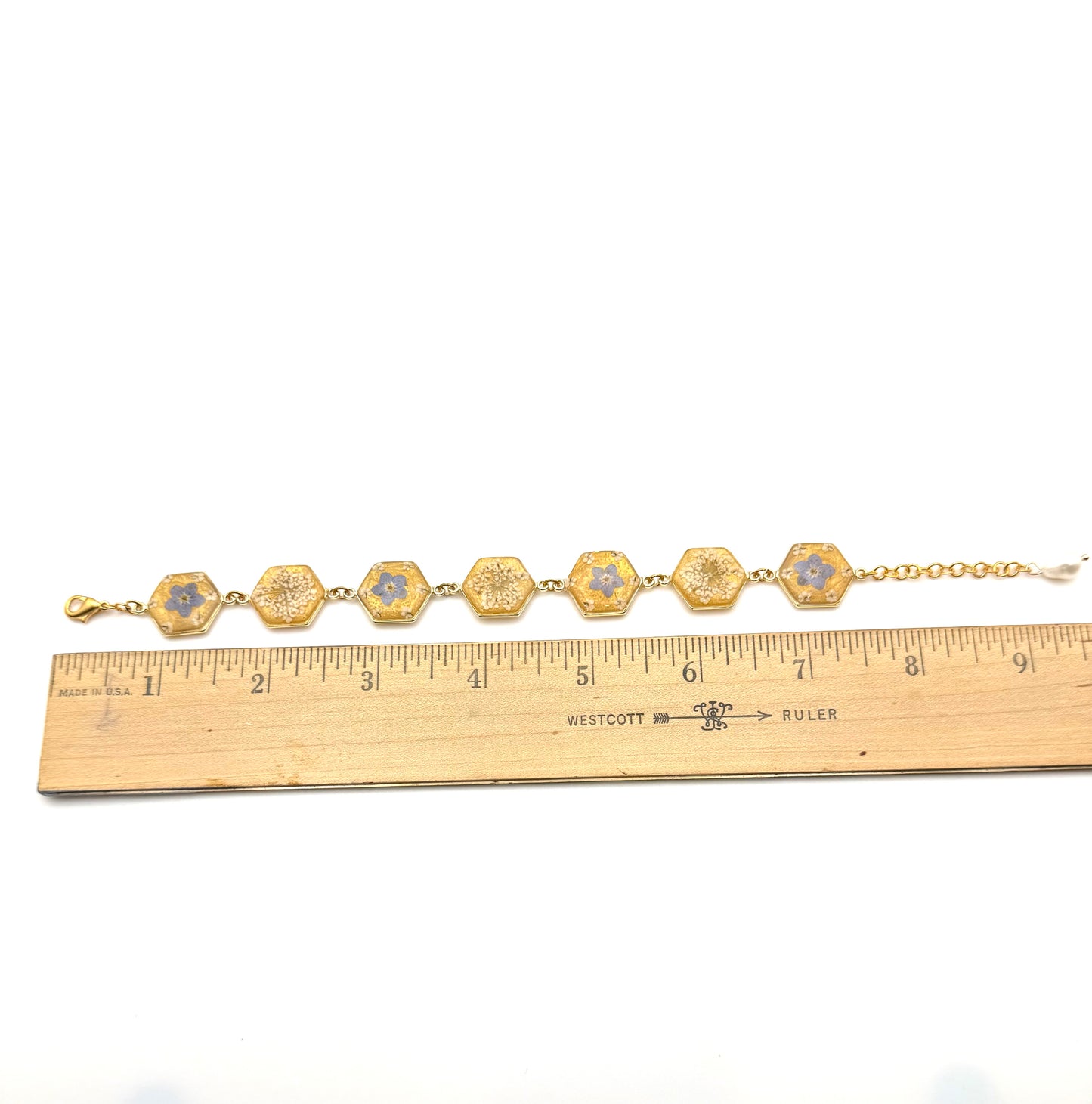 Gold Colored Bracelet with Gold Colored  Mica Powder, Forget-Me-Nots, and Queen Anne’s Lace