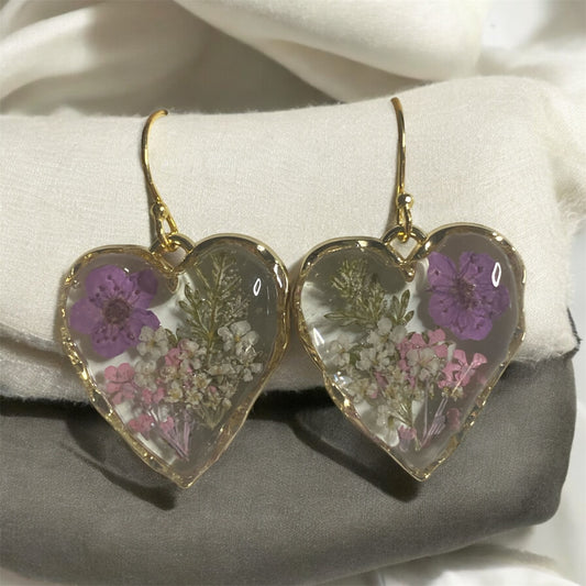 Purple Plum Blossoms with Dry pressed Fern and pieces of Pink and White Queen Anne’s Lace