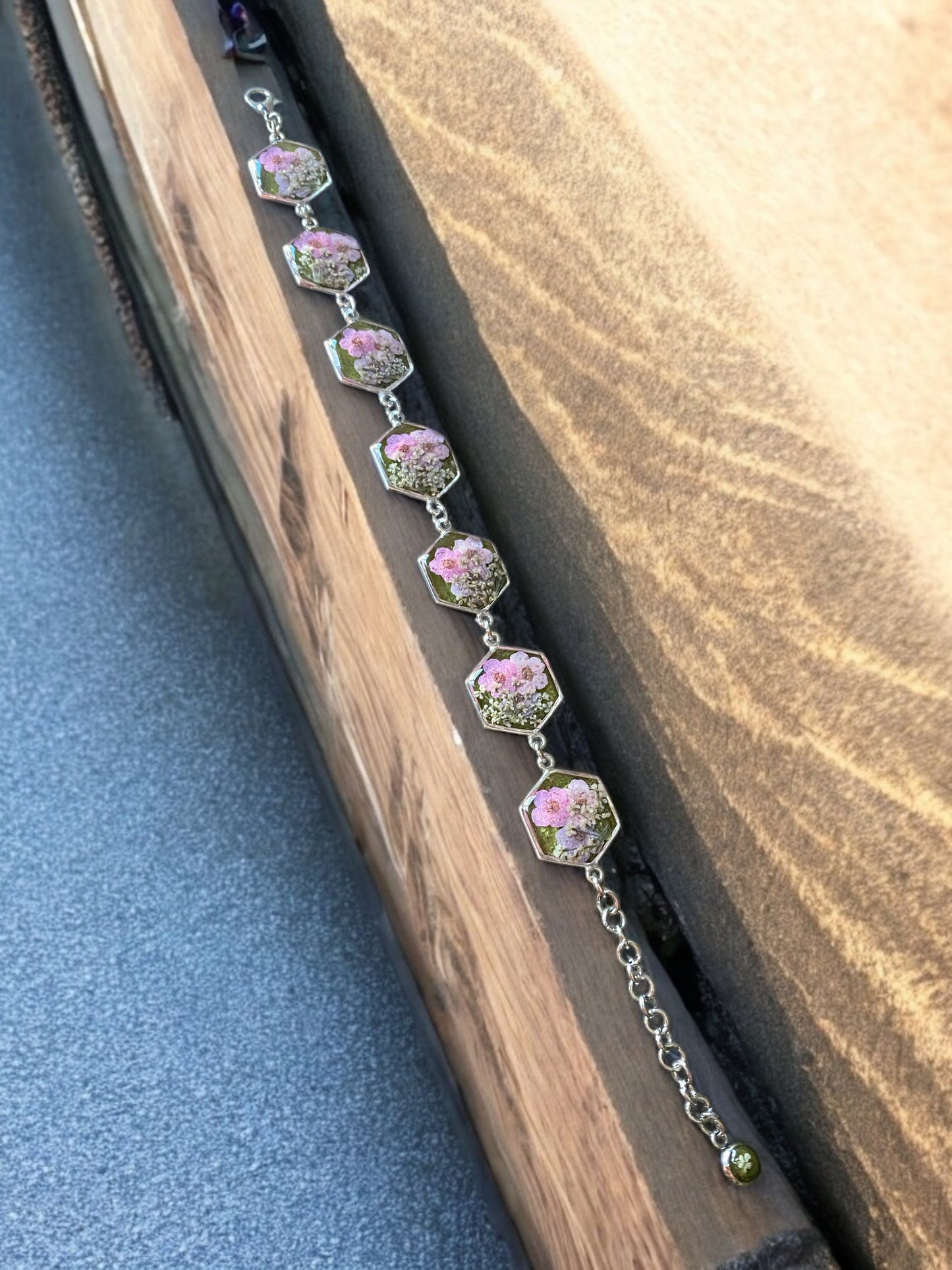 Groovy Green Mica Powder with Pink Plum Blossoms and pieces of Queens Anne’s Lace