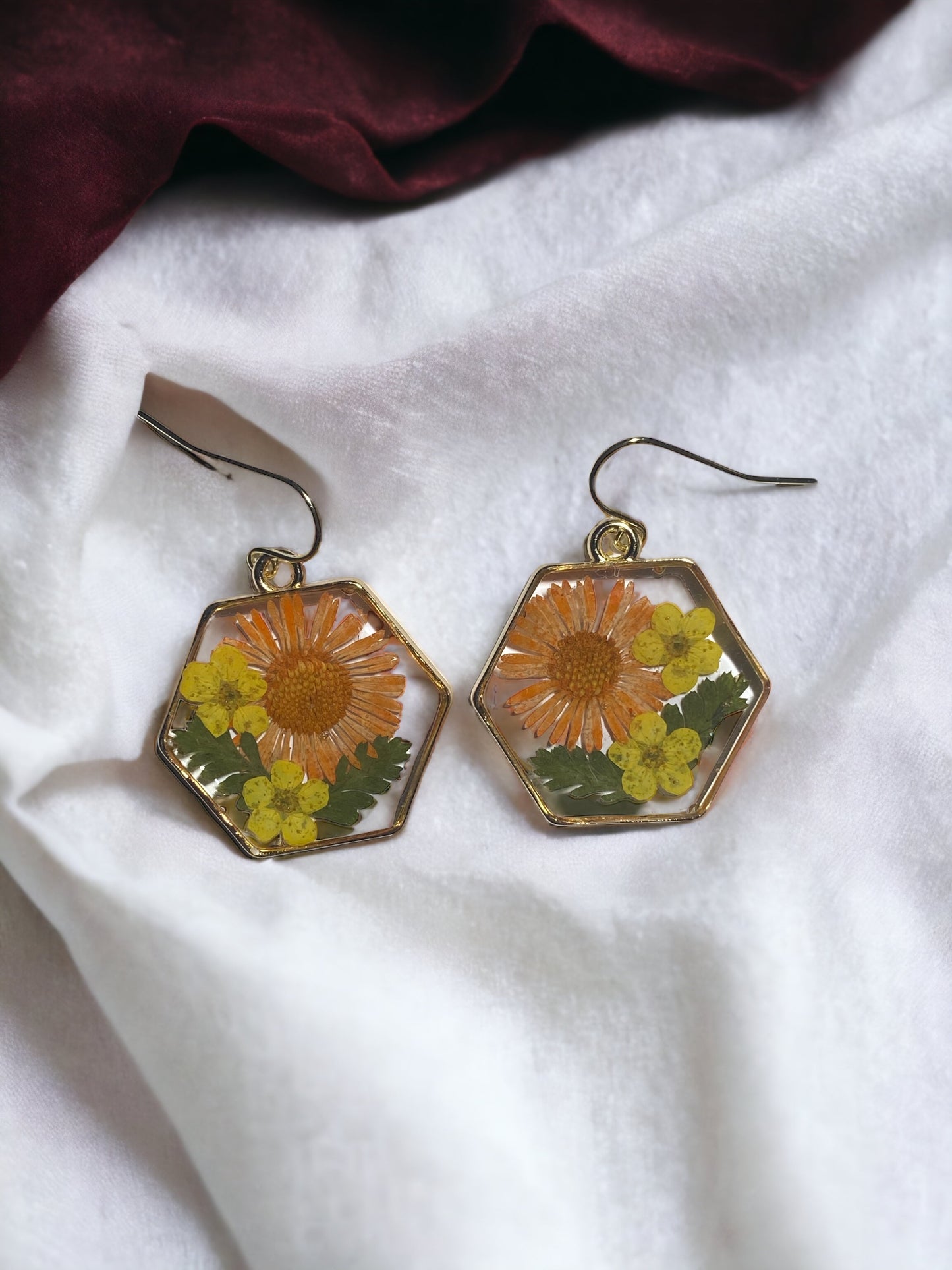 Orange Needle Chrysanthemum and Yellow Plum Blossoms with  dried Fern Earrings
