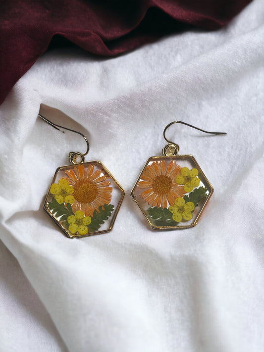 Orange Needle Chrysanthemum and Yellow Plum Blossoms with  dried Fern Earrings