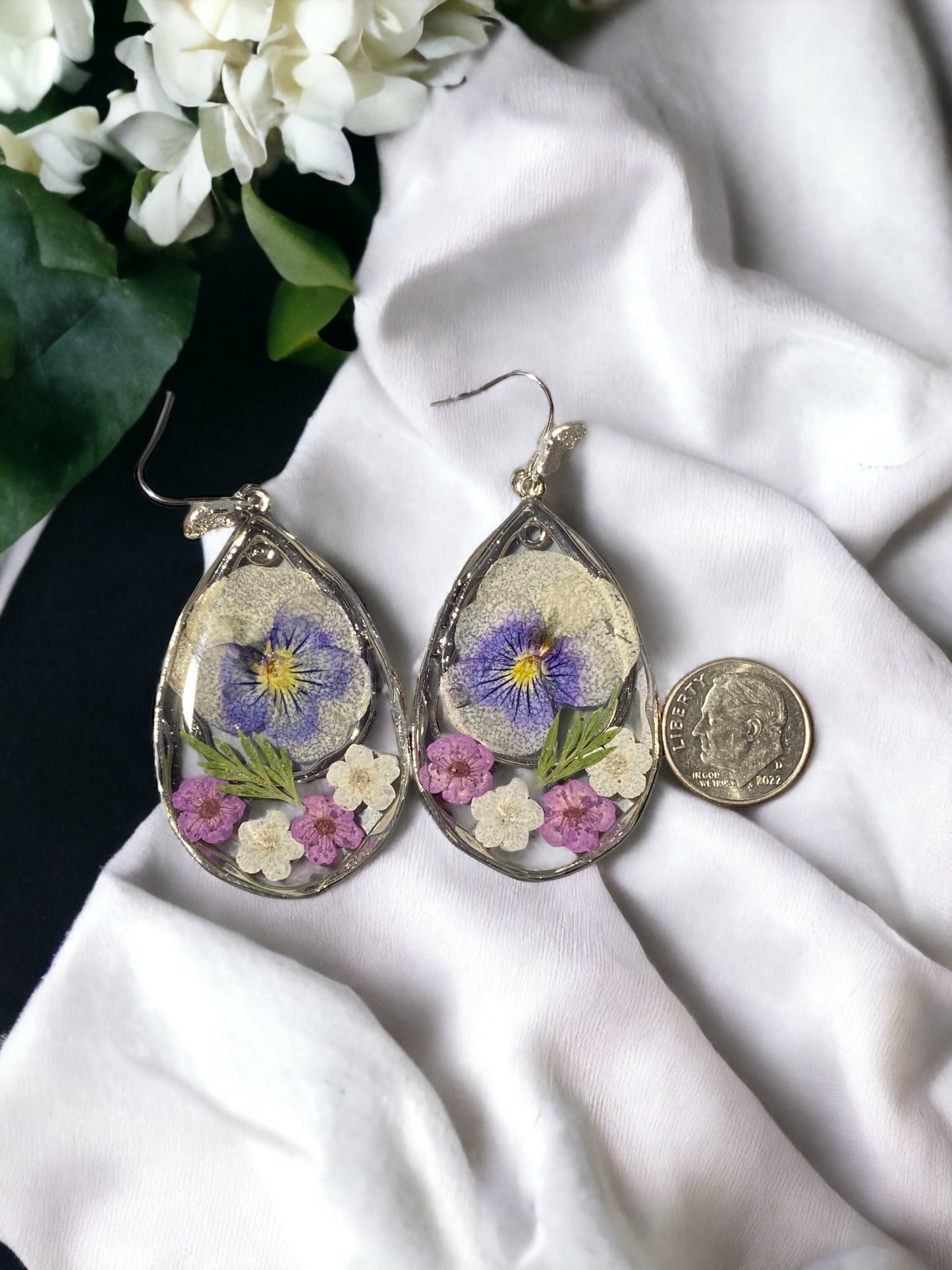 Pansies with Purple and White Plum Blossom Earrings.