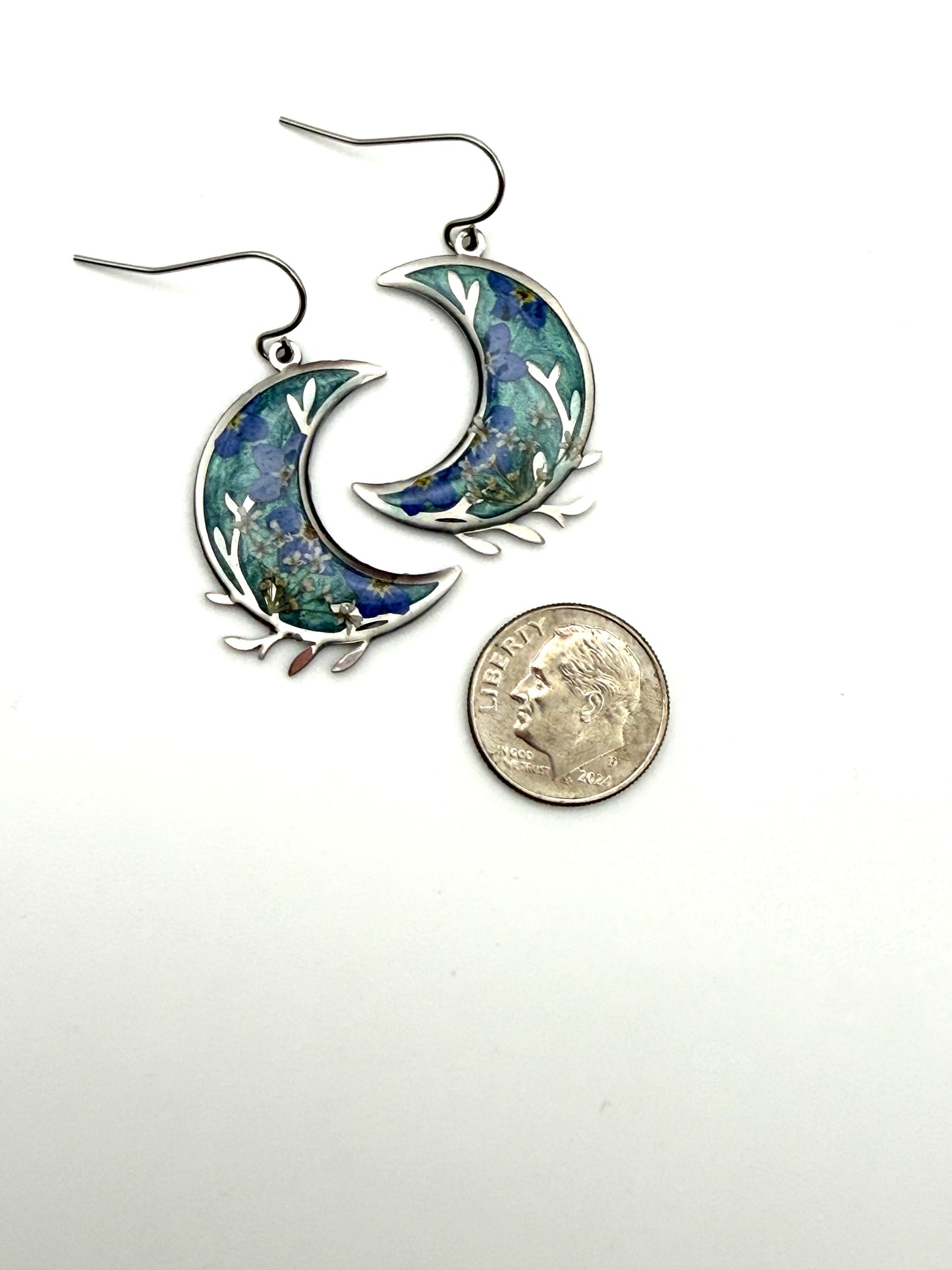 Teal Crescent Moons with Forget-Me-Nots and Queen Anne’s Lace