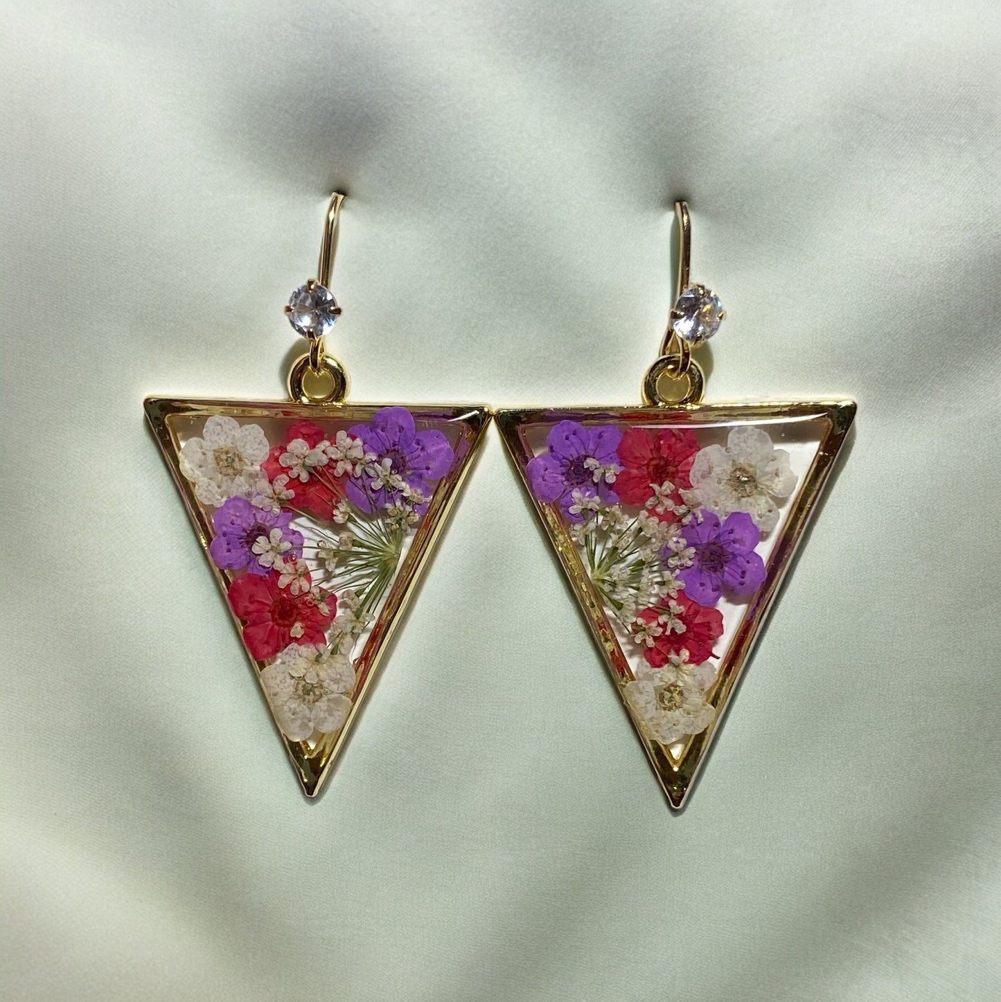 Purple, Red and White Plum Blossom Flowers with Queen Anne’s Lace Earrings