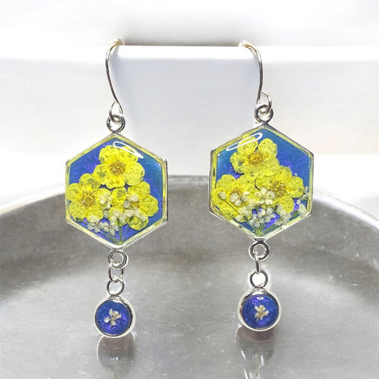 Blue Colored Mica Powder (Single) Dangle Earrings with Yellow Plum Blossoms and Queen Anne’s Lace