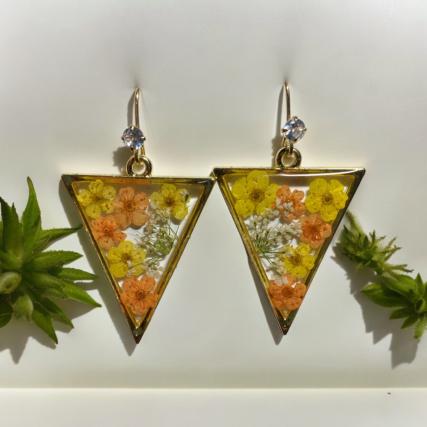 Orange and Yellow Plum Blossom Flowers with Queen Anne’s Lace Earrings