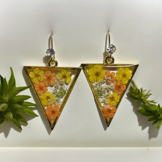 Orange and Yellow Plum Blossom Flowers with Queen Anne’s Lace Earrings