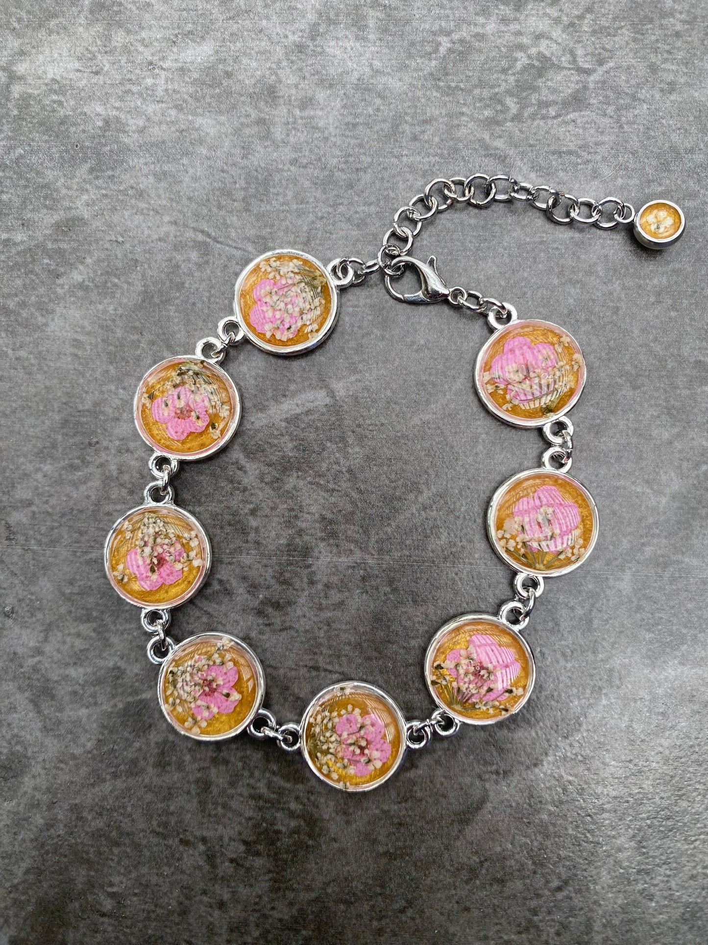 Gold Mica Powder with Pink Plum Blossoms and pieces of  Queen Anne’s Lace