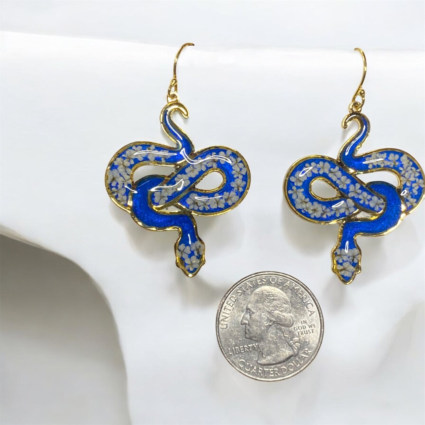 Blue 24 kt Gold Plated Snake Bezel Earrings